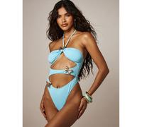 Hellblauer Badeanzug mit Trägern, Schmetterlings-Details, Ausschnitten, Monokini für Sommer, Strand, Poolparty, rückenfreie elegante Optik