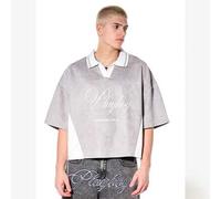 Hellgrau gewaschenes Polo-Shirt mit V-Ausschnitt, weißem Kragen und Kontrastdetails, Casual Oberteil in Regularpassform mit Schriftzug "Pleasure For A