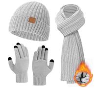 Hellgrau Mütze Schal Handschuhe Set für Damen und Herren - Touchscreen Winterhandschuhe, Wintermütze, Winterschal - Geschenke für Frauen zu Weihnachten
