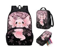 HELLHERO 3 Stück/Set Kinder Schulranzen Set mit Lunchtasche Federmäppchen für Mädchen Jungen, Axolotl Kirschblüte, Medium
