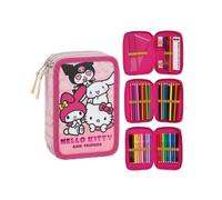 Hello Kitty Federmäppchen mit DREI Fächern, für Mädchen, Einheitsgröße, Rosa, mit Zubehör, 3 Fächer mit Reißverschluss, Schreibwaren-Set, offizielle Lizenz