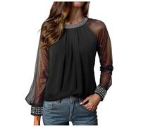 HELLORSOON Bluse Glitzer Damen Pailletten Spitzen Tunika Damen Oberteil Silvester Glänzende Outfit Blusen Elegante Langarm Shirt Top Vintage Schwarz Festlich Asymmetrisches