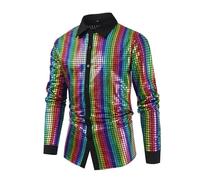 HELLORSOON Glitzerhemd Herren 70er 80er Jahre Outfit Langarm Hawaii Hemd Fasnachtskostüme Herren Herrenhemd Top für Männer Discokugel Nachtklub Musikfestival Outfits Hippie Hemd