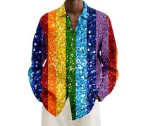 HELLORSOON Hawaiihemd Herren Langarm Button-Down 80er Jahre Outfit Herren Langarm Pailletten Kleid Disco Style Faschingskostüme Nachtclub Top Discokugel Nachtklub Musikfestival Outfits Party Hemd