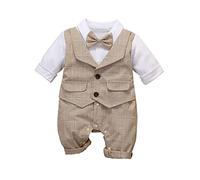 HeMa Island Baby Jungen Gentleman Anzug, 0-18 Monate 4tlg Kinder Hochzeit Festlich Taufe Strampler mit Bowtie Hemden + Hosenträger Overalls(7034k90)