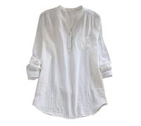 Hemd aus Baumwolle und Leinen, für Damen, Herbst, lässig, langärmlig, einfarbig, für Damen, T-Shirt, elegant und schick, große Größe, weiß, X-Large