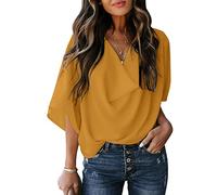 Hemd Damen, Chiffon-Bluse Für Damen Sommer Elegant Solide Wasserfallausschnitt Oberteile Modische Pullover Mit Fledermausärmeln Tunika-Oberteile Lässige Lockere Arbeitsblusen T-Shirts Für Damen
