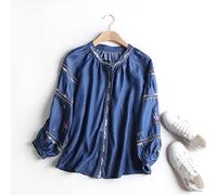 Hemd Damen,Damen Jeanshemd Mit Rundhalsausschnitt, Langen Laternenärmeln, Blusen, Ethnischen Stickereien, Blumen, Jeans, Pullover, Lässig, Halbe Knopfleiste, Tunika, Festival-Sweatshirt für Mädc