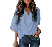 Hemd Damen Oberteile, Chiffon-Bluse Für Damen Sommer Elegant Solide Wasserfallausschnitt Oberteile Modische Pullover Mit Fledermausärmeln Tunika-Oberteile Lässige Lockere Arbeitsblusen T-Shirts F