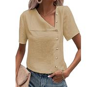 Hemd Damen Oberteile, Damen-Bluse Aus Baumwolle Und Leinen Sommer Modisch Schlicht V-Ausschnitt Pullover Hemden Tops Elegante Kurzärmelige Seitliche Button-Down-Blusen Lässige Arbeitsblusen T-Shir