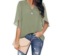 Hemd Damen Oberteile, Damen Chiffonbluse Mode Schlicht Salbeigrün V-Ausschnitt Pullover Shirts Tops Lässig Locker Geschlitzt 3/4 Ärmel Button-Down-Blusen Sommer Elegant Tunika Tops T-Shirts,L