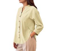 Hemd Damen Sommer Langarm Musselin Bluse V-Ausschnitt Leinenbluse Button Down Leinenhemd Casual Blusenshirt Leicht Luftig Leinenshirt Locker Shirt Einfarbig Langarmshirt Weich Hemdbluse