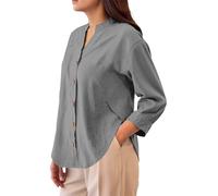 Hemd Damen Sommer Langarm Musselin Bluse V-Ausschnitt Leinenbluse Button Down Leinenhemd Casual Blusenshirt Leicht Luftig Leinenshirt Locker Shirt Einfarbig Langarmshirt Weich Hemdbluse