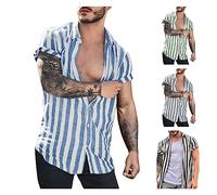 Hemd Herren Gestreiftes Kurzarm Leinenhemd Freizeithemd Business Sommerhemd Casual Regular Fit Kurzarmhemd Basic Shirt for Männer