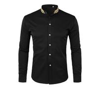 Hemd Herren Golden Stickerei Slim Fit Langarm Stehkragen Hemd Langarmhemd Vintage Button Tops Business Abendessen Baumwolle Shirt Bronzing Print Ethnischer Freizeithemd mit Knopfleiste
