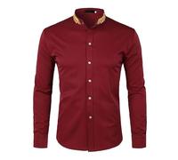 Hemd Herren Golden Stickerei Slim Fit Langarm Stehkragen Hemd Langarmhemd Vintage Button Tops Business Abendessen Baumwolle Shirt Bronzing Print Ethnischer Freizeithemd mit Knopfleiste