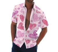 Hemd Herren Kurzarm ,Valentinstag Shirt Herren Hemden,Freizeithemd Herren Regular Fit Freizeithemden für Männer Party Strand Sommerhemd mit Knöpfen Hawaiihemd Valentine's Day Shirt Herz Muster Rosa