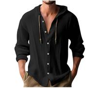 Hemd Herren Langarm Leinen Hemd Henley Modisch Einfarbig Sommerhemd Herren Freizeithemd Casual Rundhals Hoodie Sport Atmungsaktiv Kapuzen Button Down Leinenhemd Regular Fit Men Shirts