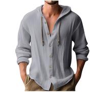 Hemd Herren Langarm Leinen Hemd Henley Modisch Einfarbig Sommerhemd Herren Freizeithemd Casual Rundhals Hoodie Sport Atmungsaktiv Kapuzen Button Down Leinenhemd Regular Fit Men Shirts