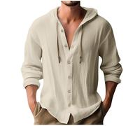 Hemd Herren Langarm Leinen Hemd Henley Modisch Einfarbig Sommerhemd Herren Freizeithemd Casual Rundhals Hoodie Sport Atmungsaktiv Kapuzen Button Down Leinenhemd Regular Fit Men Shirts