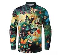 Hemd Herren Revers Schmetterling Drucken Langarm Shirt Herren Lose Komfortabel Atmungsaktiv Hemd Herren Hawaii Sandstrand Style Lassig Hemd Herren B-2 XL