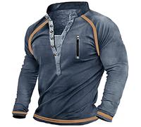 Hemd Herren Troyer Herren Vintage V-Ausschnitt Henley Shirt Einfarbig Distressed Sweatshirt Langarmhemd mit Knopfleiste, Tasche Casual Pullover Herren Tactical Tops Royal Blau XL