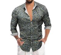 Hemd Langarm Herren-Freizeithemd mit Blumenmuster, langärmlig, Business-Saum, Knopfdruck Hemd Body Herren (Black, M)