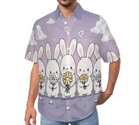 Hemd Männer Button Down Revers Herren Hemd Kurzarm Freizeithemd, Sommer Strandhemd Cartoon Niedliches Häschen Print Kleidung Top, Lässige Faltenfrei Oberteile