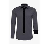 Rusty Neal Herren-Hemd Premium Slim Fit Langarm Stretch Kontrast Hemd mit Krawatte Business-Hemden Outfit Freizeithemd Set 44_99, Größe:S, Farbe:Anthrazit