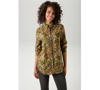 Hemdbluse ANISTON CASUAL, Damen, Gr. 42, moosgrün, schwarz, beige, orange, gelb, taupe, braun, Web, Obermaterial: 100% Viskose, bedruckt, gemustert, figurumspielend Po-bedeckend, 2-Knopf-Manschette, B