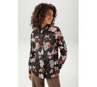 Hemdbluse ANISTON CASUAL, Damen, Gr. 42, schwarz, braun, beige, taupe, weiß, petrolblau, Web, Obermaterial: 100% Viskose, bedruckt, geblümt, figurumspielend Po-bedeckend, 2-Knopf-Manschette, Blusen He