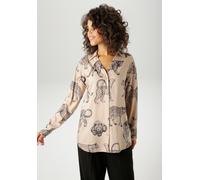 Hemdbluse ANISTON CASUAL, Damen, Gr. 46, beige (beige, schwarz), Web, Obermaterial: 100% Viskose, bedruckt, lässig geschnitten Po-bedeckend, V-Ausschnitt, 2-Knopf-Manschette, Blusen Hemdbluse, mit Leo