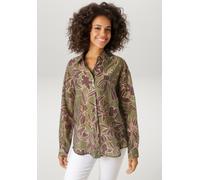 Hemdbluse ANISTON CASUAL, Damen, Gr. 48, grün (oliv, dunkelbordeaux, beige), Web, Obermaterial: 85% Lyocell, 15% Polyester, bedruckt, geblümt, leicht transparent, oversize Po-bedeckend, 1-Knopf-Mansch