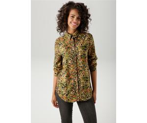 Hemdbluse ANISTON CASUAL, Damen, Gr. 48, moosgrün, schwarz, beige, orange, gelb, taupe, braun, Web, Obermaterial: 100% Viskose, bedruckt, gemustert, figurumspielend Po-bedeckend, 2-Knopf-Manschette, B