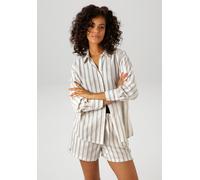 Hemdbluse ANISTON CASUAL, Damen, Gr. 48, weiß (hellbeige, sand, schwarz, silberfarben), Web, Obermaterial: 54% Polyester, 46% Viskose, Glitzermuster, Strukturmuster, gestreift, lässig geschnitten Po-b