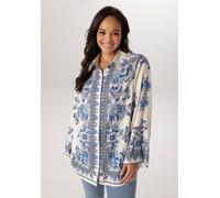 Hemdbluse ANISTON PLUS, Damen, Gr. 44, weiß, blau, Web, Obermaterial: 100% Viskose, geblümt, gemustert, Po-bedeckend, Blusen Hemdbluse, mit edler Blumendruck - NEUE KOLLEKTION (51585557-44) weiß, blau
