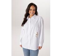 Hemdbluse ANISTON PLUS, Damen, Gr. 48, weiß, Web, Obermaterial: 100% Baumwolle, unifarben, lässig geschnitten, 1-Knopf-Manschette, Blusen Hemdbluse, mit edlen Applikationen - NEUE KOLLEKTION (59251919