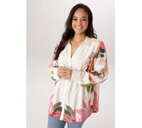 Hemdbluse ANISTON PLUS, Damen, Gr. 50, natur, pink, grün, orange, rose, Web, Obermaterial: 100% Viskose, bedruckt, geblümt, gemustert, figurumspielend Po-bedeckend, V-Ausschnitt, 1-Knopf-Manschette kr