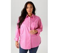 Hemdbluse ANISTON PLUS, Damen, Gr. 50, weiß (pink, weiß, hellblau), Web, Obermaterial: 52% Polyester, 48% Viskose, gestreift, lässig geschnitten Po-bedeckend, 1-Knopf-Manschette, Blusen Hemdbluse, in