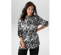 Hemdbluse ANISTON PLUS, Damen, Gr. 52, schwarz (grau, weiß, schwarz), Web, Obermaterial: 100% Viskose, figurumspielend Po-bedeckend, Bündchen, Blusen Hemdbluse, in trendigen Animal Dessin (74804816-52