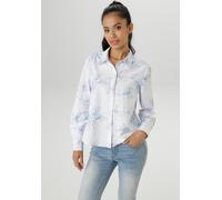 Hemdbluse ANISTON SELECTED, Damen, Gr. 36, blau (weiß, hellblau), Web, Obermaterial: 50% Baumwolle, 50% Polyester, bestickt, lässig geschnitten hüftlang, 1-Knopf-Manschette, Blusen Hemdbluse, mit aufw