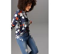 Hemdbluse ANISTON SELECTED, Damen, Gr. 40, blau (marine, sanftes weiß, cognac), Crêpe, Obermaterial: 95% Polyester, 5% Elasthan, gemustert, gepunktet, figurumspielend hüftbedeckend, 1-Knopf-Manschette