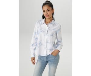 Hemdbluse ANISTON SELECTED, Damen, Gr. 40, blau (weiß, hellblau), Web, Obermaterial: 50% Baumwolle, 50% Polyester, bestickt, lässig geschnitten hüftlang, 1-Knopf-Manschette, Blusen Hemdbluse, mit aufw