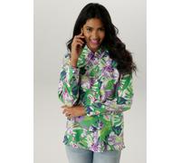 Hemdbluse ANISTON SELECTED, Damen, Gr. 44, bunt (grün, flieder, wollweiß, hellgrün, marine, fuchsia), Web, Obermaterial: 100% Viskose, bedruckt, geblümt, figurumspielend hüftbedeckend, 1-Knopf-Mansche