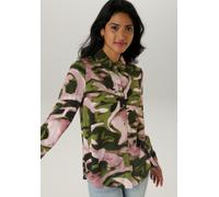 Hemdbluse ANISTON SELECTED, Damen, Gr. 44, bunt (kiwigrün, pastellrosa, dunkelgrün, rosa, schwarz, dunkelrosa), Web, Obermaterial: 100% Viskose, bedruckt, figurumspielend hüftbedeckend, 1-Knopf-Mansch