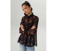 Hemdbluse ANISTON SELECTED, Damen, Gr. 44, schwarz (schwarz, grau, rostbraun, weiß), Chiffon, Obermaterial: 100% Polyester, bedruckt, gemustert, leicht transparent, lässig geschnitten hüftbedeckend, 1