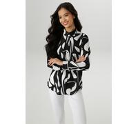 Hemdbluse ANISTON SELECTED, Damen, Gr. 44, schwarz-weiß (schwarz, weiß), Crêpe, Obermaterial: 97% Polyester, 3% Elasthan, figurumspielend hüftbedeckend, 1-Knopf-Manschette, Blusen Hemdbluse, in elasti