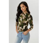 Hemdbluse ANISTON SELECTED, Damen, Gr. 48, grün (khaki, grün, beige, camel, braun), Single Jersey, Obermaterial: 95% Viskose, 5% Elasthan, bedruckt, gemustert, figurumspielend hüftbedeckend, Blusen He