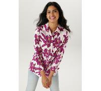 Hemdbluse ANISTON SELECTED, Damen, Gr. 48, rosa (pink, rosa, gelb, schwarz), Web, Obermaterial: 100% Viskose, bedruckt, geblümt, figurumspielend hüftbedeckend, 2-Knopf-Manschette, Blusen Hemdbluse, mi