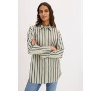 Hemdbluse BONPRIX, Damen, Gr. 46, grün (kieselgrün, kakaobraun, hellblau gestreift), Obermaterial: 97% Baumwolle, 3% Elasthan, oversize, Blusen Hemdbluse, Oversize-Passform, hüftbedeckende Länge, mit